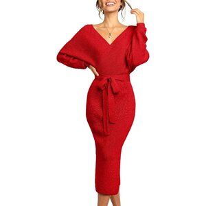 Women's Long Maxi Sweater Dress V Neck Slit Open Bodycon Dress with Belt Red